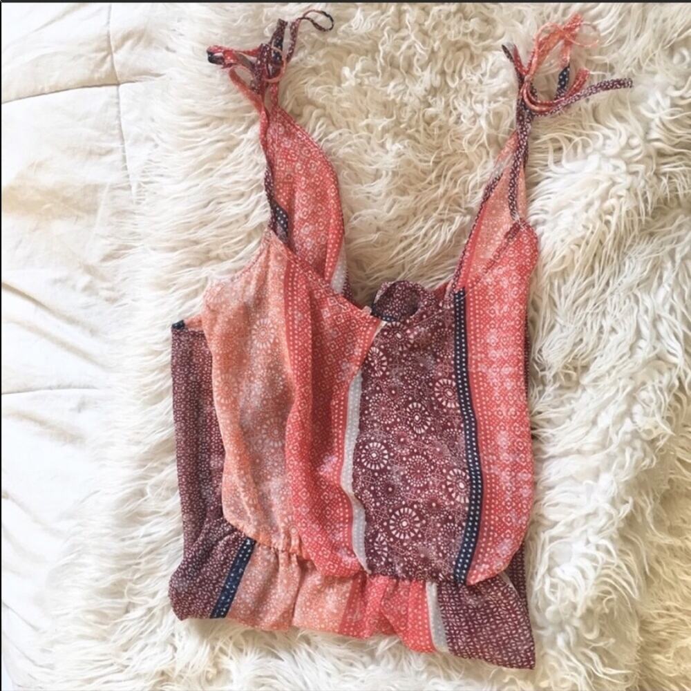 NEW BCBG MaxAzria Red White Sheer Print Patterned Tie Tank Top Shorts Romper S - Picture 4 of 7